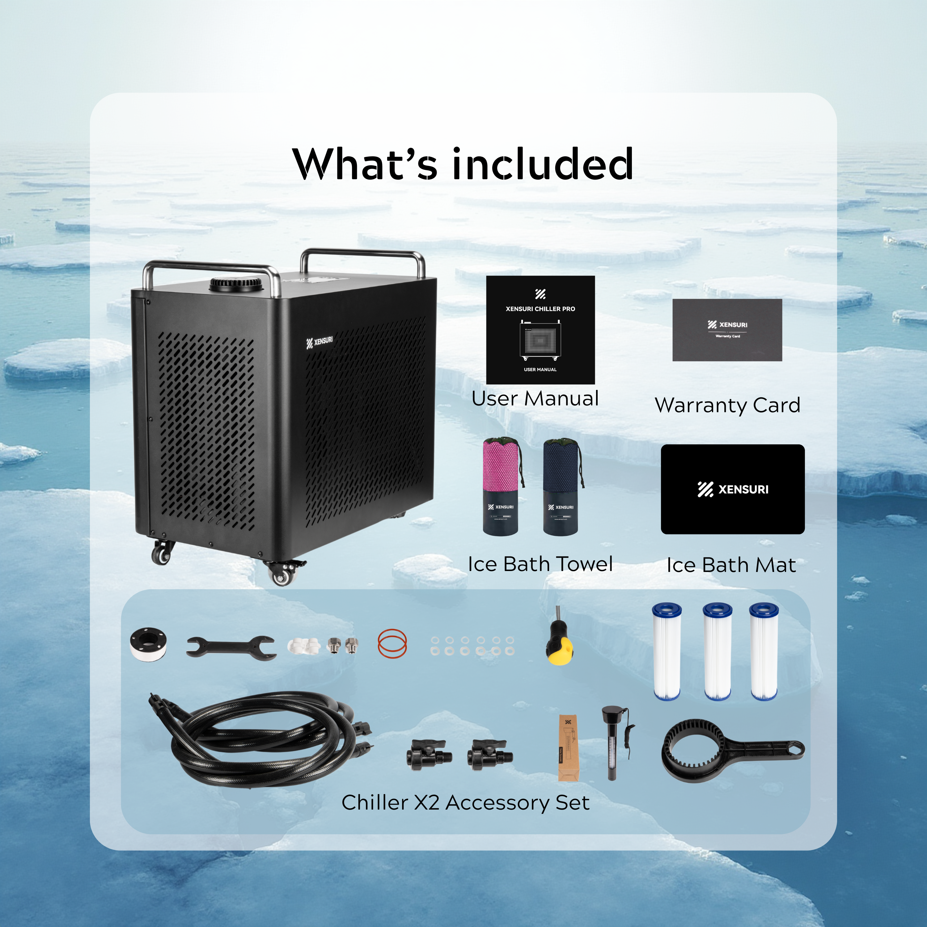 List of included items for a Chiller X2 product with a blue icy background